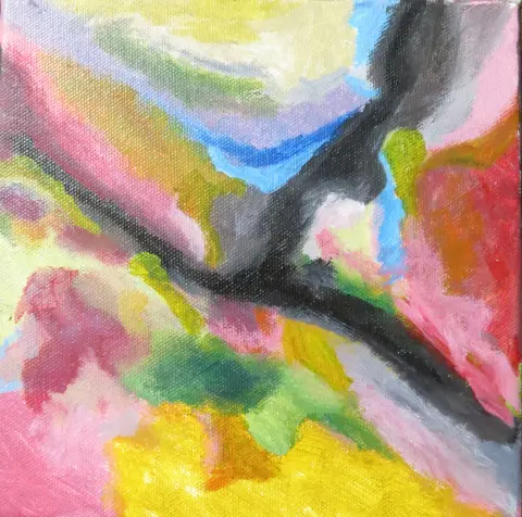An abstract painting in pink, yellow, green and black