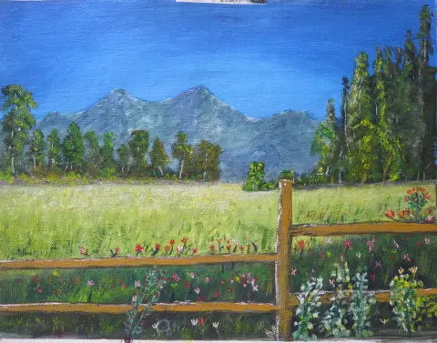 A painting of a meadow with a wooden fence and wildflowers, mountains behind