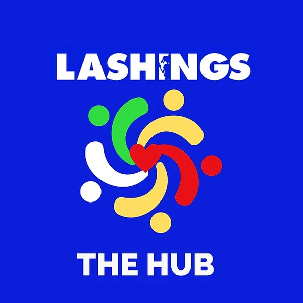 Lashings The Hub logo: a swirl of green, yellow, white and red arcs and dots around a red heart