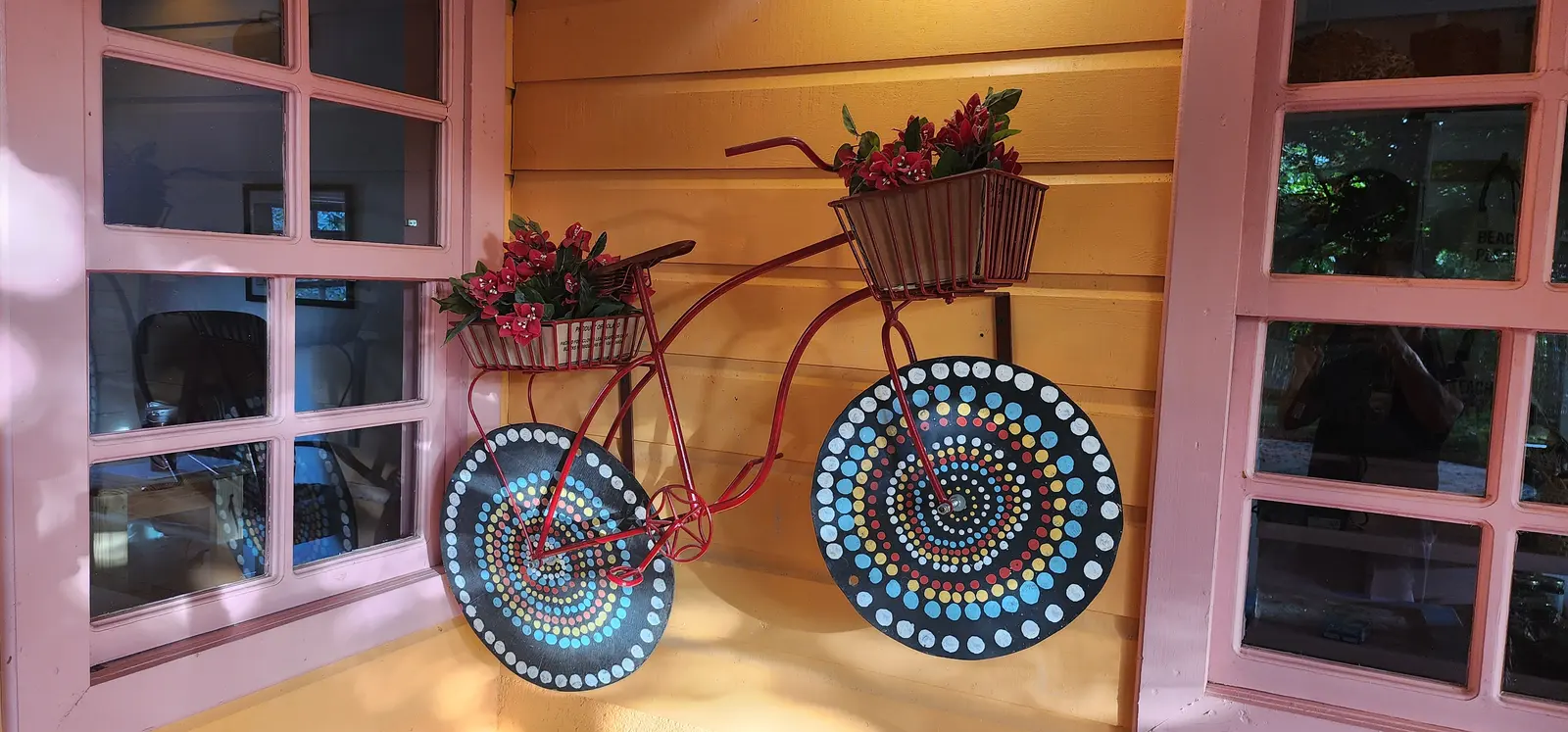 A red bicycle mounted on a yellow wooden wall between two pink-framed windows, with baskets of red flowers and wheels painted with rings of coloured dots on black