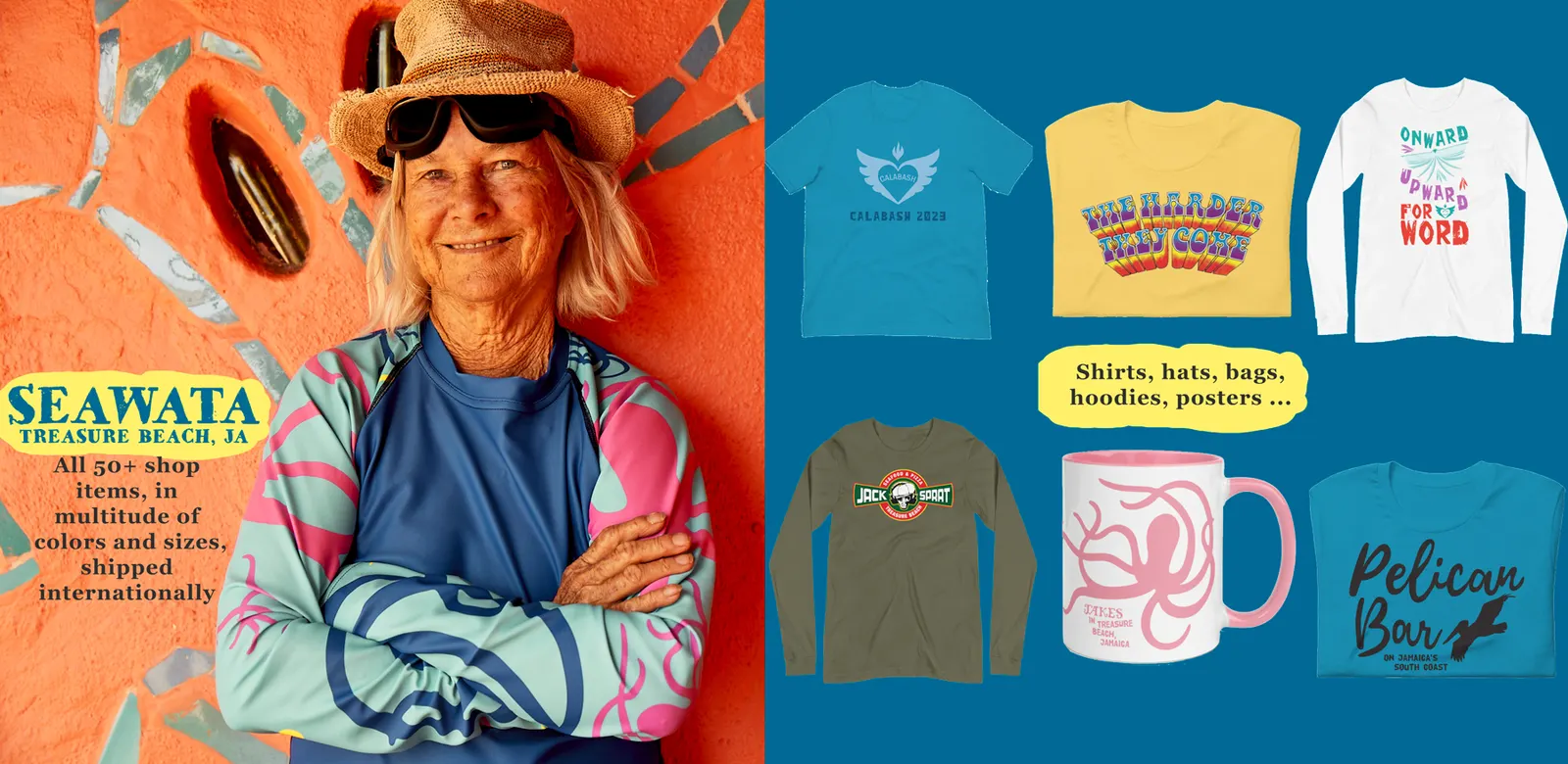 A banner for the shop: a smiling woman in a straw hat and sunglasses, and T-shirts, a hoodie, a mug and a long-sleeved shirt on a blue background, with the words Shirts, hats, bags, hoodies, posters