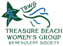 Treasure Beach Women's Group Benevolent Society logo: a green star-shaped leaf with a blue figure, and blue waves